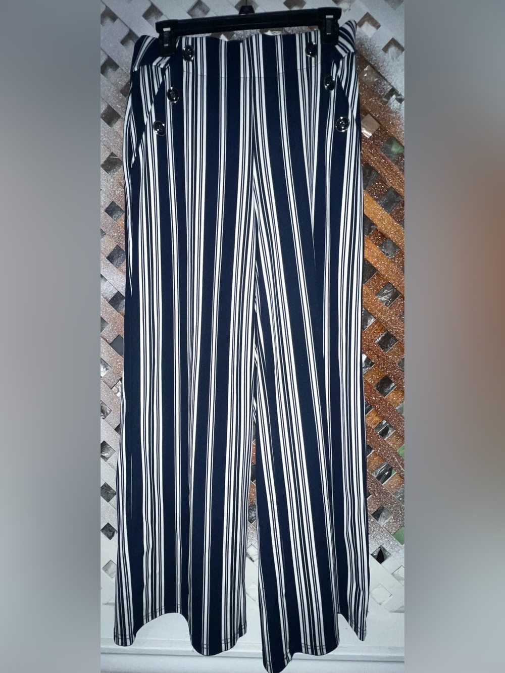 EST 1946 Nautical Coastal Navy & White Vertical Stripe Wide-Leg Pants size Small